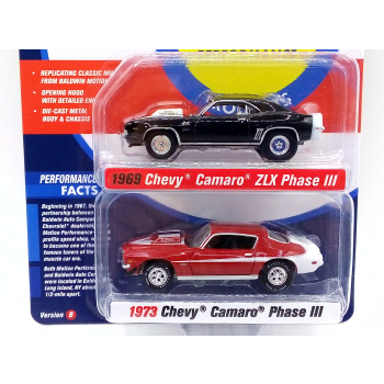 Baldwin Motion 2-pack: 1969 Chevrolet Camaro ZLX Phase III & 1973 Chevrolet Camaro Phase III - skala 1:64 - Johnny Lightning
